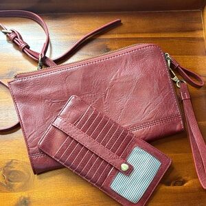 Elegant Burgundy Convertible Crossbody Clutch or Wristlet and Wallet Set